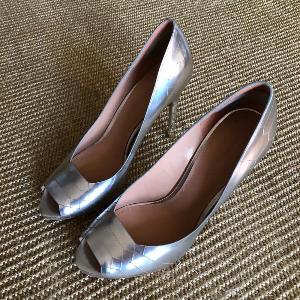 Silver metallic peep toe heels, size 8